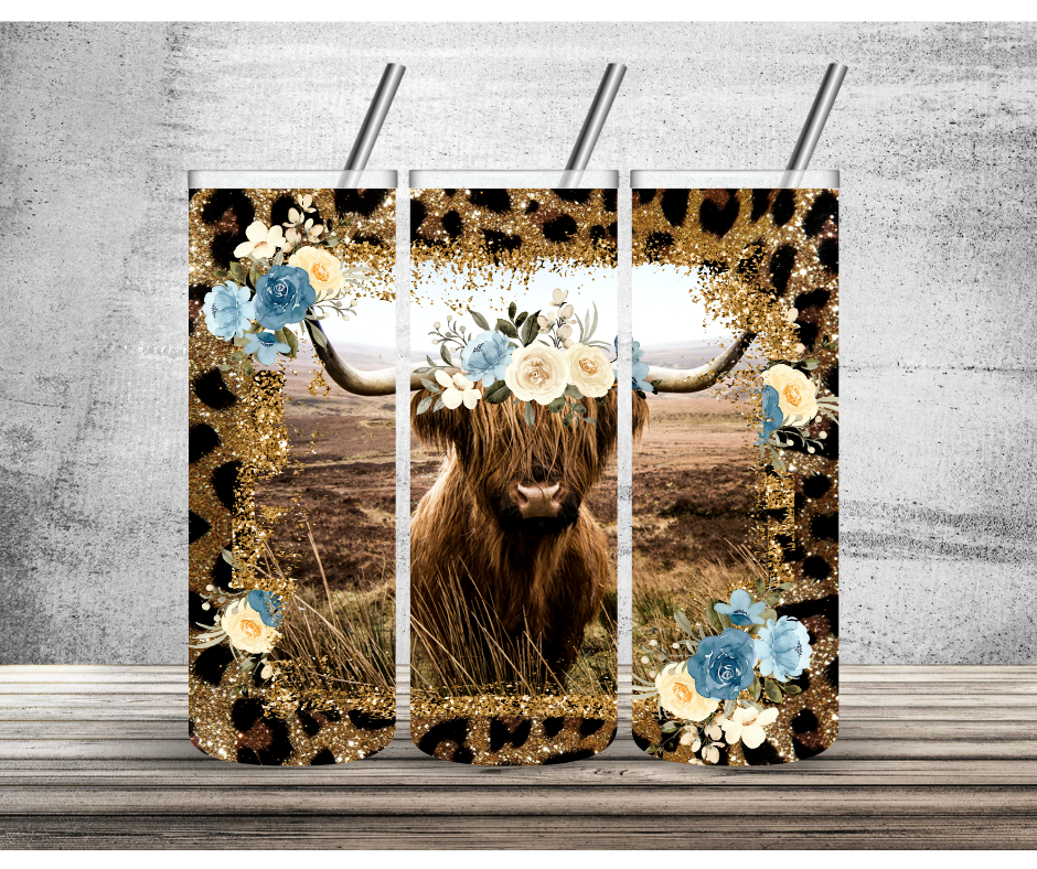 Highland Cow Leopard & Flowers Tumbler